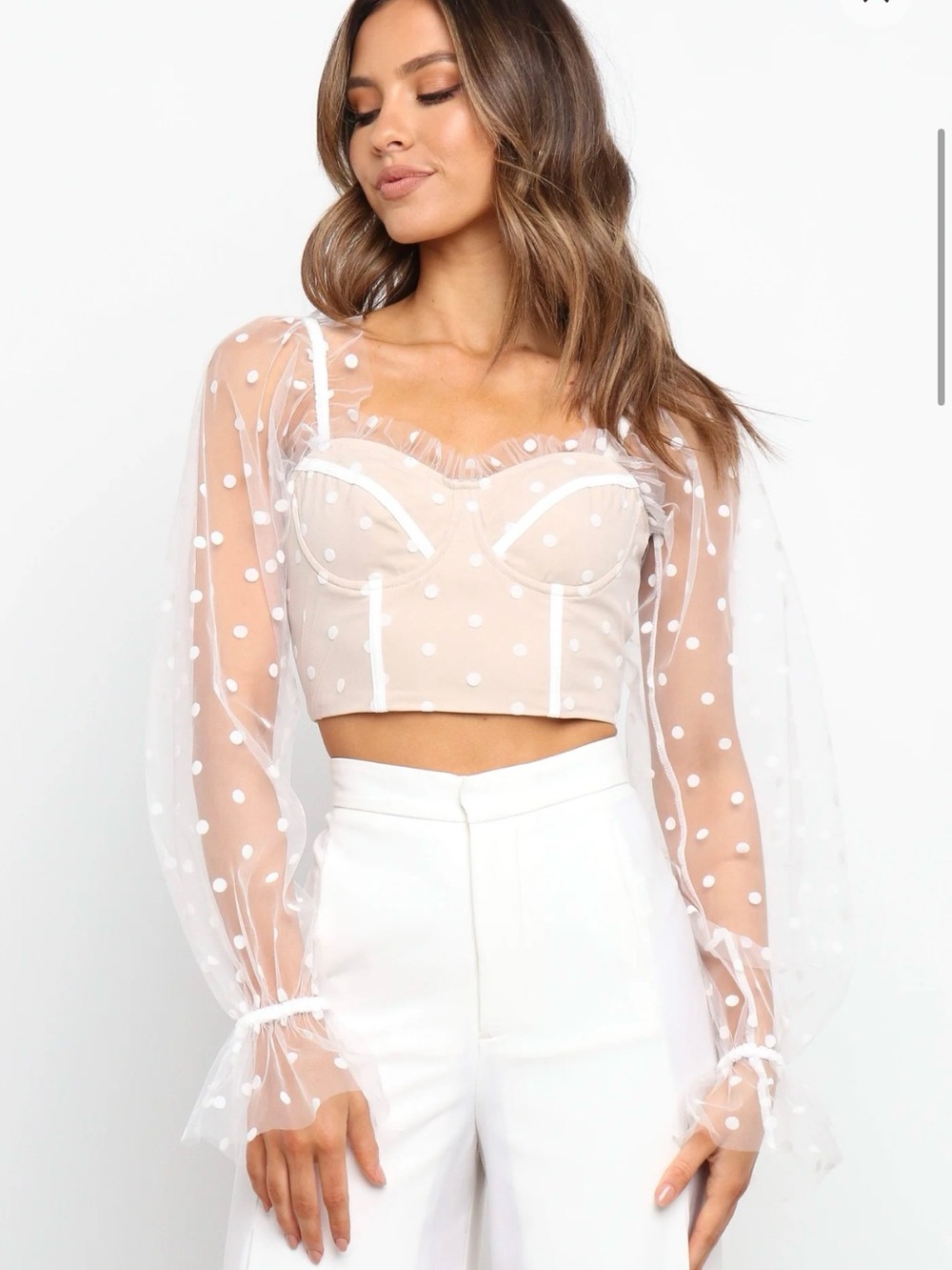 Petal & Pup. Sheer Polka Dot Long Sleeve Crop Top - White